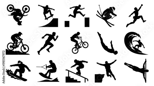 Sports and Extreme Sports Athletes Vector Silhouettes Collection: Dynamic Black  White Glyphs