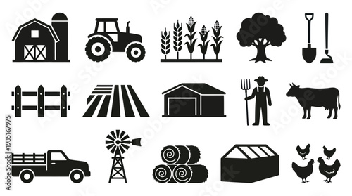 Farm Icons - Black and White Glyph Set for Agriculture