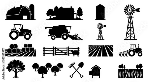Farm Icons Black  White Vector Set - Agriculture Technology Objects