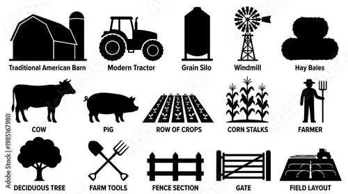 Farm Icons: Barn, Tractor, Animals, Crops, Tools, Buildings - Black  White Glyph