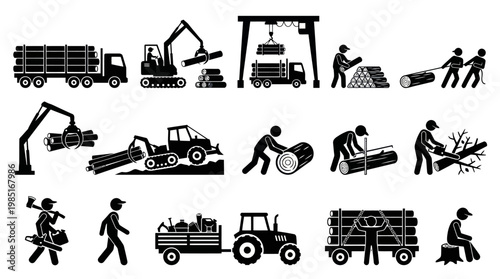Black and White Logging and Forestry Icons: Trucks, Cranes, Workers, and Equipment