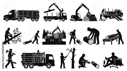 Logging Industry Silhouettes: Trucks, Workers, Cranes, Chainsaws, Forest Work