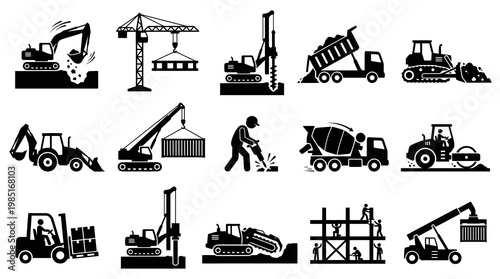 Construction Site Machinery  Worker Black  White Glyph Icons Set
