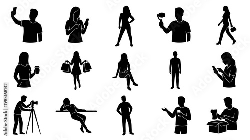 Black Silhouette Figures: Technology, Shopping, Photography, Lifestyle