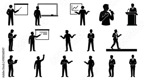 Business Presentation Icons: Speaker, Lectern, Board, Meeting, Office