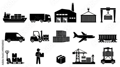 Logistics and Shipping Glyph Icons Set - Supply Chain, Cargo, Transport, and Delivery Symbols