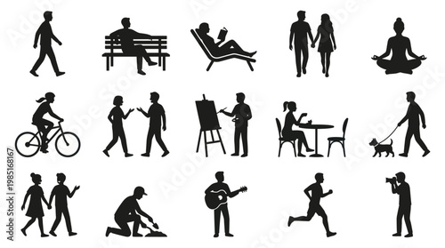 Black  White Silhouettes of People Enjoying Leisure Activities and Daily Life