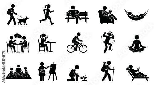Black  White Stick Figure Icons: Diverse Activities  Leisure