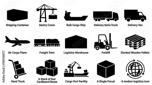 Logistics Icons: Shipping, Transport, Warehouse, Delivery, Cargo - Black Glyph Style