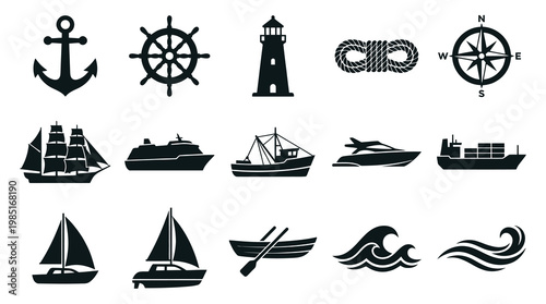 Nautical Icons Set Black  White Vector Graphics