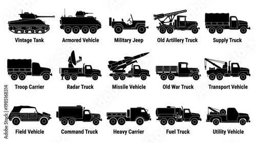 Military Vehicles Icons Set - Black and White Vector Art