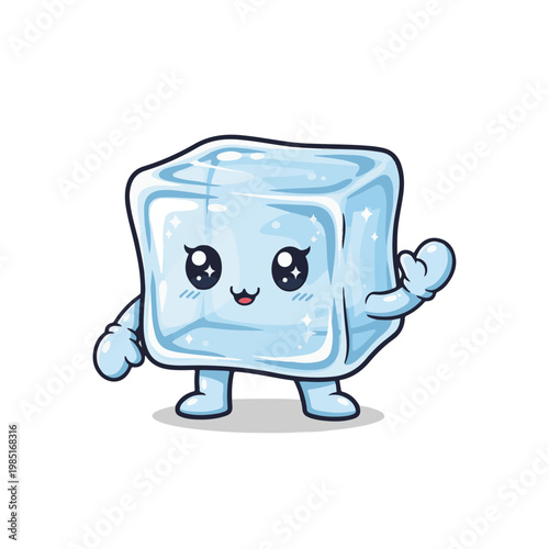 Adorable and cheerful ice cube character with a friendly wave, featuring a happy face and sparkling eyes, perfect for playful designs and refreshing concepts