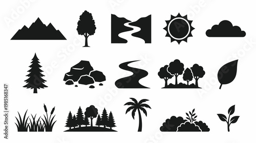 Nature and Landscape Icons: Mountains, Trees, Sun, Cloud, River, Rocks, Plants, Leaf