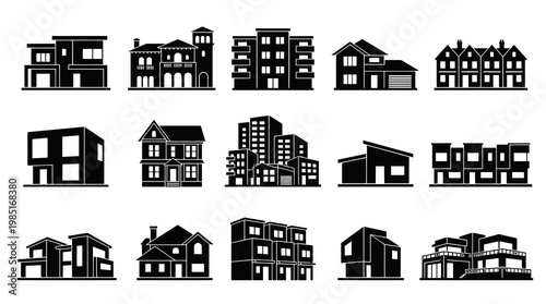 Black  White Icons of Modern and Traditional Houses, Buildings, Architecture
