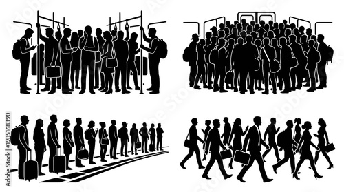 Diverse Urban Commuters  Public Transport Crowd Silhouette Vector Illustration