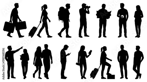 Black and White Silhouettes of People with Luggage and Cameras, Travel Concept