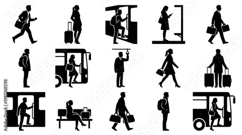Black and White Silhouette Icons of People Commuting and Traveling by Bus