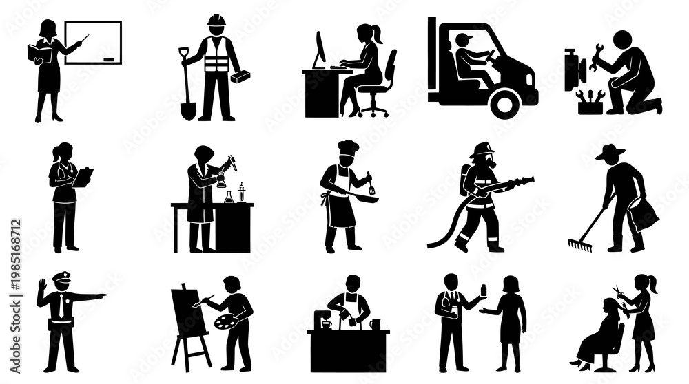 Obraz premium Diverse Professions Icons: Black White Glyph Set for Business and Services