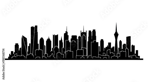 Black and White Cityscape Silhouette, Modern Skyline Art Style