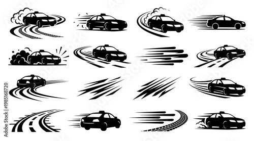Black and White Car Speed Motion Icons, Abstract Speed Lines, Vector Graphics