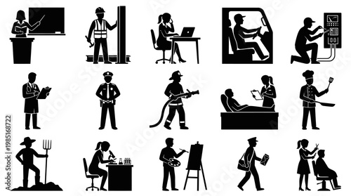 Professions Black and White Glyph Silhouette Icons Set - Diverse Occupations and Career Pictograms