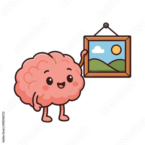 Cute cartoon brain holding landscape picture frame