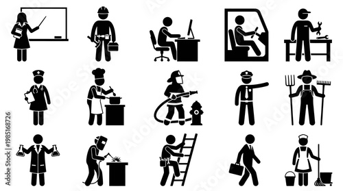 Black and White Icons of Diverse Professions and Occupations on White Background