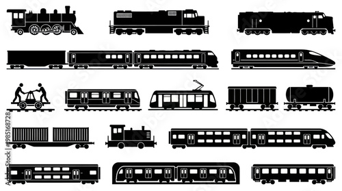 Black and White Icons of Various Train Types, Transport and Industry