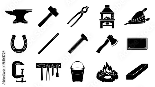 Blacksmith Tools and Equipment Icons Set, Vector Black  White