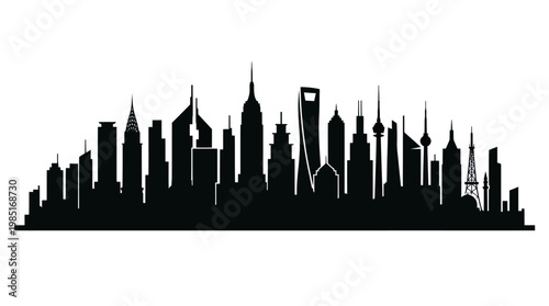 Black Silhouette Skyline of Modern City Skyscrapers, Vector Illustration