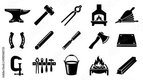 Blacksmith Tools Icons Set - Anvil, Hammer, Forge, Bellows, Forge, Fire, Metalworking