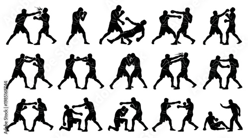 Black and White Silhouette of Boxers Fighting in Ring, Boxing Sport Art