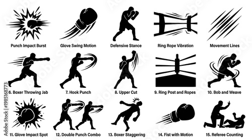 Boxing Icon Set: Punch, Glove, Ring, Referee, Fight Poses - Black and White Vector Art