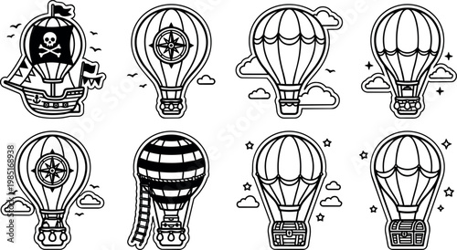 Black and white line art hot air balloons and pirate ship vector illustration set