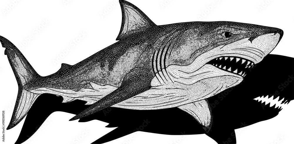 Fototapeta premium shark, tattoo, icon, signs, symbol, vector, white, decoration, decor, bite, great, black, attack, cartoon, whale, isolated, jaw, tail, fin, life, carnivore, teeth, abstract, emblem, illustration, fear