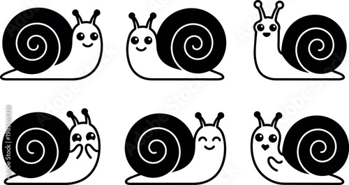 Black and white cute snail faces with various happy expressions vector art