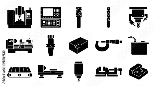 Set of Black and White Machine Shop Icons and Equipment, Vector Glyph Art