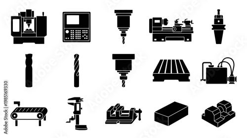Industrial Machinery Icons: CNC, Lathe, Drill, Conveyor, Vice