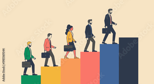 Diverse business professionals climb a colorful staircase, symbolizing career progression, personal growth, and the ambitious journey towards success and achievement in a modern work environment