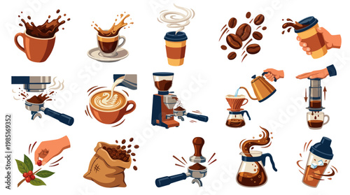 Coffee Preparation Flat Illustration Icons Set: Beans, Equipment, and Drink Making Process