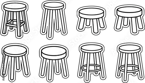 Black and white line art set of eight round stools with four legs and support bars