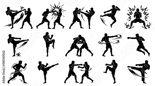 Martial Arts Silhouettes: Karate, Boxing, Kickboxing Action Poses