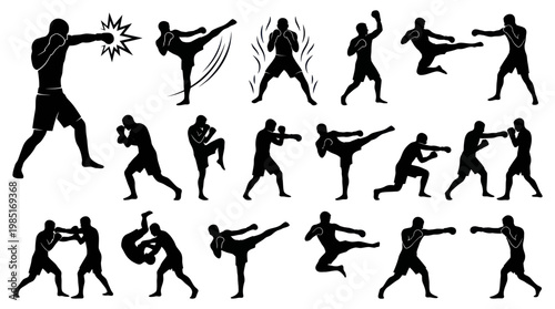 Martial Arts Silhouettes: Dynamic Boxing and Kickboxing Poses, Black  White