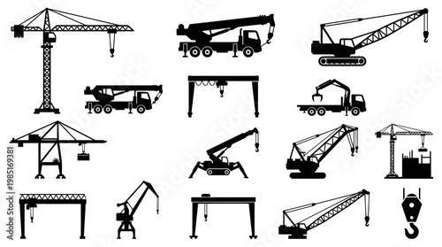 Black and White Vector Icons of Various Construction Cranes