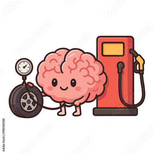 Cute brain character filling car tire at gas station