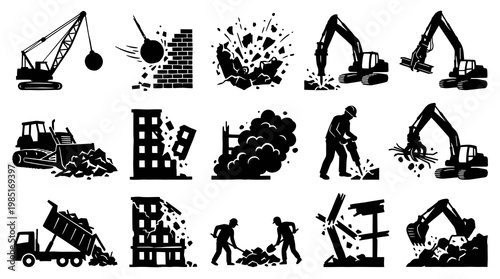 Demolition Icons: Construction Equipment and Building Destruction Black and White