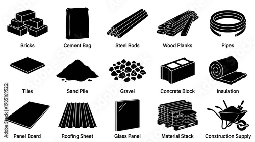 Construction Industry Building Materials and Tools Glyph Icons Collection