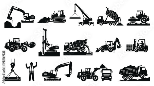 Construction Heavy Machinery  Equipment Black  White Glyph Icons Set
