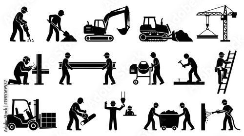 Construction Worker Icons Set: Industry, Equipment, Tools, And Activities