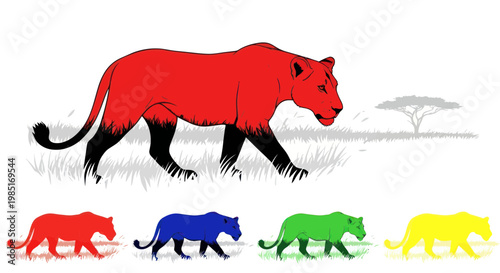 Colorful Panther Silhouette Walking African Savanna Landscape, Vibrant Big Cat